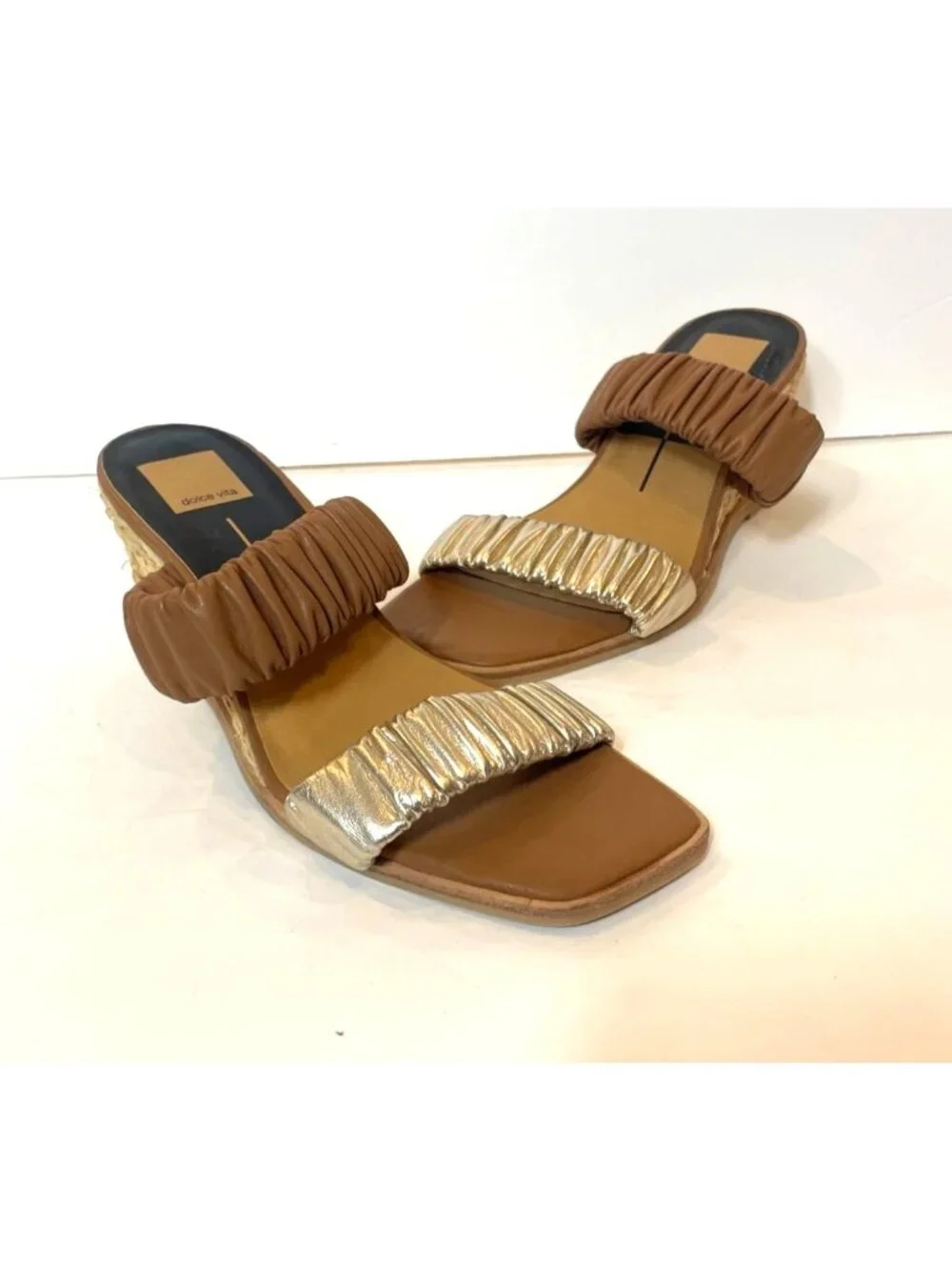 Dolce Vita Nadie Raffa Wedge Espadrille Sandals Double Gathered Leather Size 8